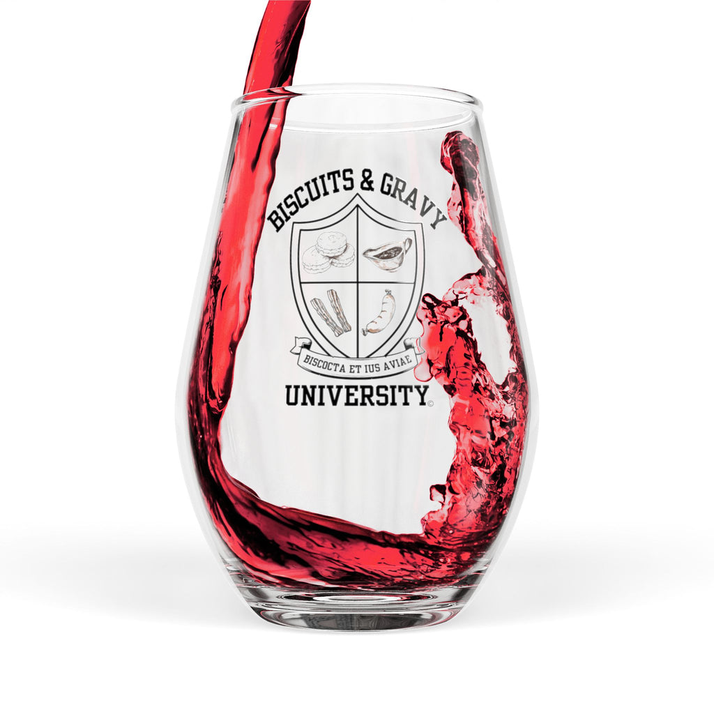 Biscuits & Gravy University Stemless Wine Glass - Fun Gift for Home Entertaining