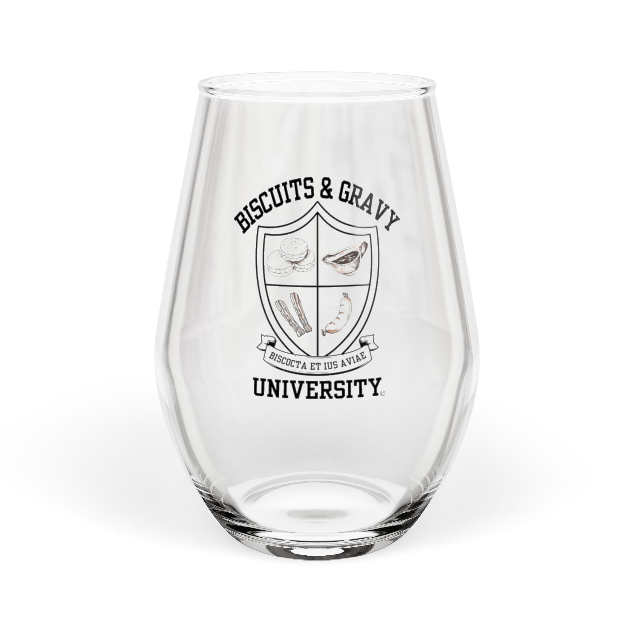 Biscuits & Gravy University Stemless Wine Glass - Fun Gift for Home Entertaining